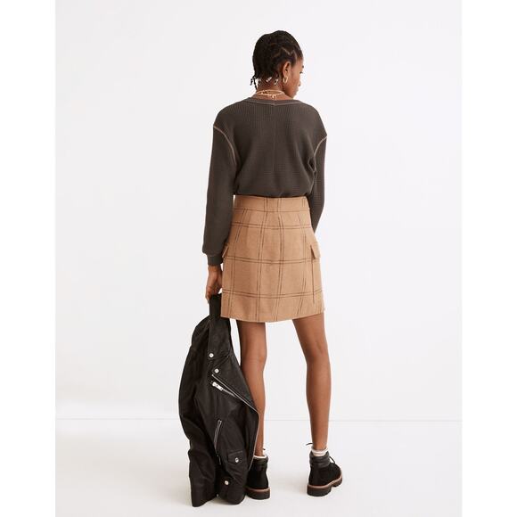 Madewell Zip-Front Mini Skirt in Windowpane Camel Wool Blend Women’s - Size 00 - Picture 2 of 8